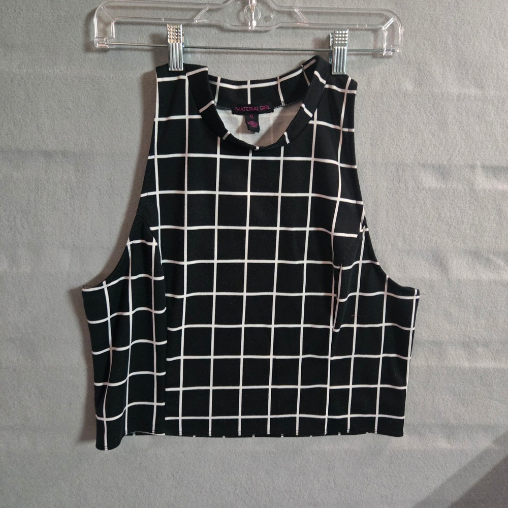 Material‎ Girl L Black White Grid Print Racerback Crop Top Sleeveless Knit Tank